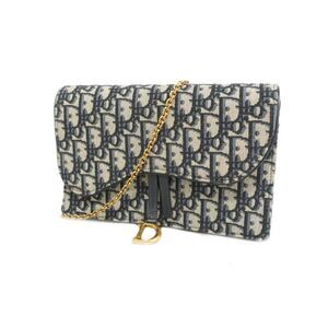 Christian Dior Shoulder Wallet Trotter Canvas Navy Gold Hardware